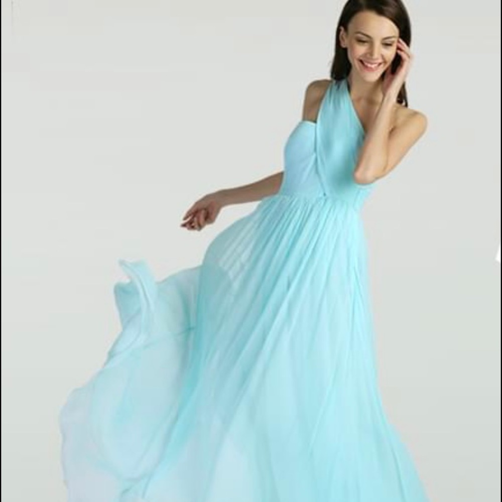 Shoshanna Midnight Collection Seafoam Green One Shoulder Gown.